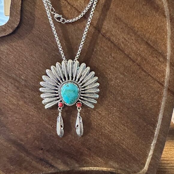 Navajo Headdress Turquoise Necklace in Sterling Silver – Authentic Native Ameri - Picture 1 of 13